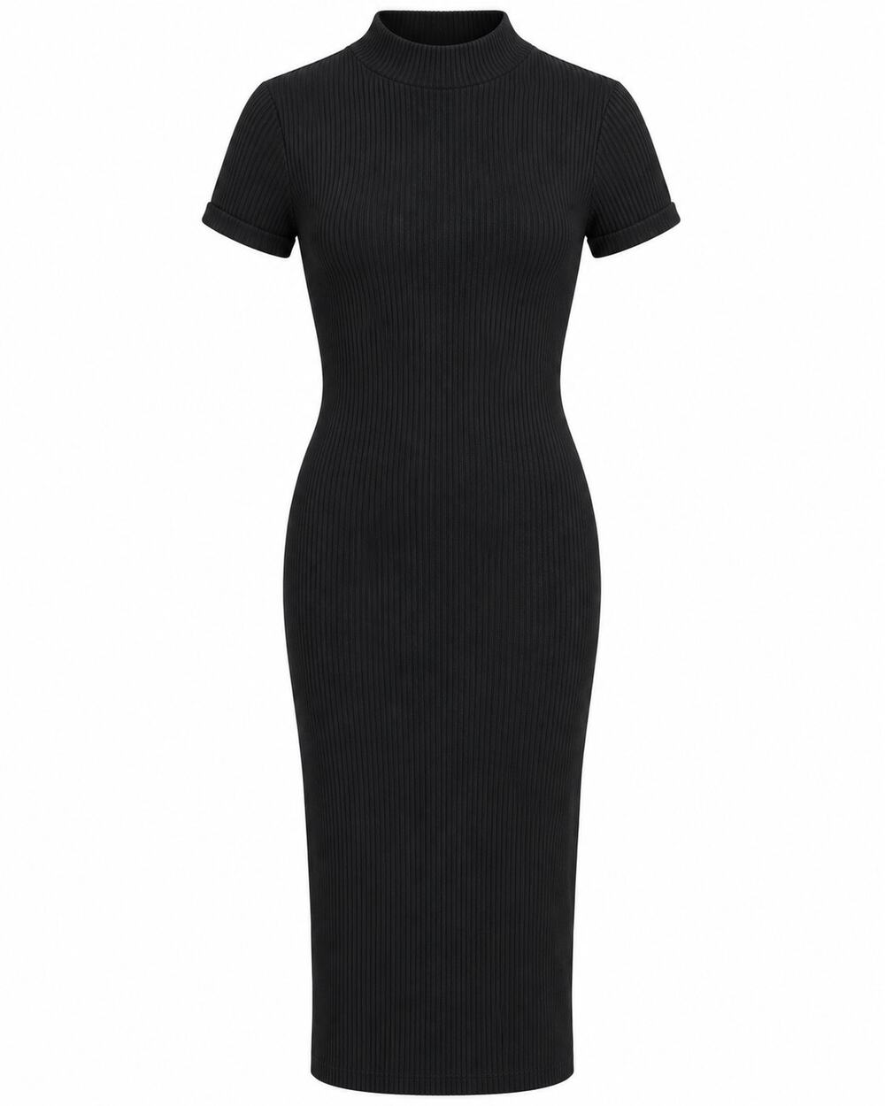 AQUA Black Ribbed Mock Neck Bodycon Midi T Shirt Dress Capsule Basic Medium
